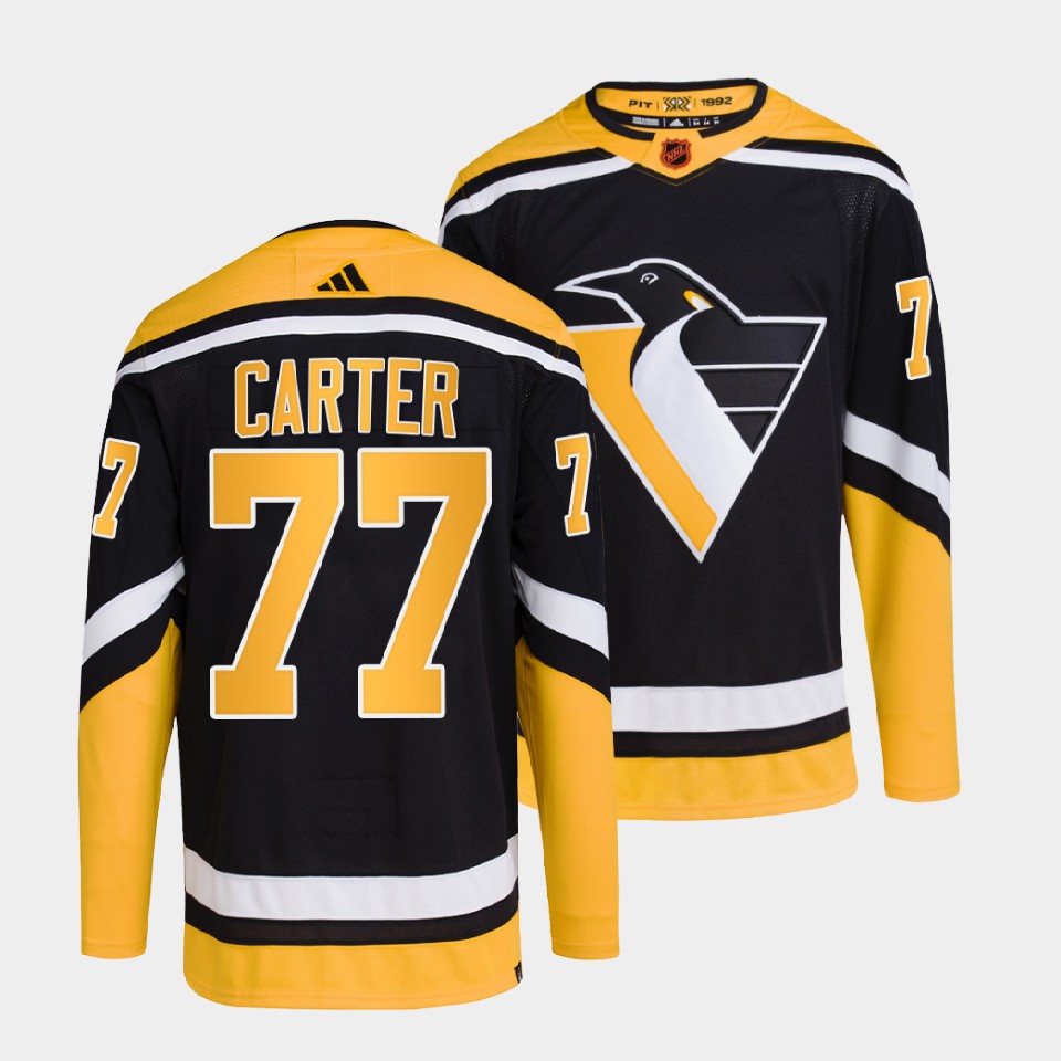 Men's Pittsburgh Penguins #77 Jeff Carter Black 2022 Reverse Retro Stitched Jersey Men's Pittsburgh Penguins #77 Jeff Carter Black 2022 Reverse Retro Stitched Jersey
