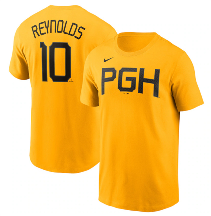 Men's Pittsburgh Pirates #10 Bryan Reynolds Gold 2023 City Connect Name & Number T-Shirt Men's Pittsburgh Pirates #10 Bryan Reynolds Gold 2023 City Connect Name & Number T-Shirt