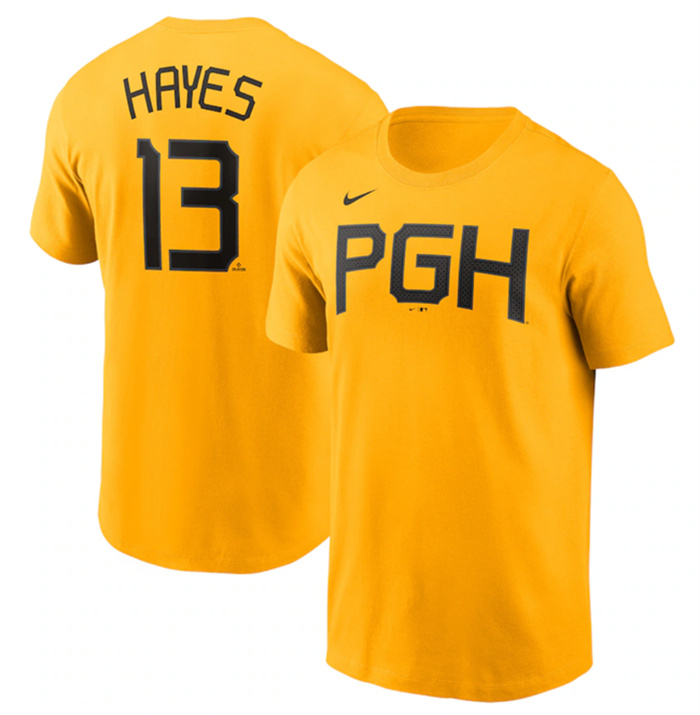 Men's Pittsburgh Pirates #13 Ke'Bryan Hayes Gold 2023 City Connect Name & Number T-Shirt Men's Pittsburgh Pirates #13 Ke'Bryan Hayes Gold 2023 City Connect Name & Number T-Shirt