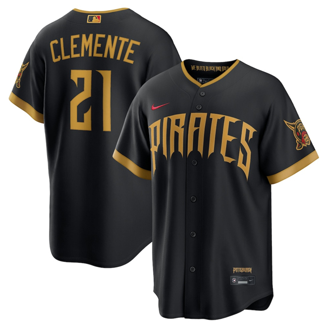 Men's Pittsburgh Pirates #21 Roberto Clemente Black 2026 City Connect Stadium Stitched Baseball Jersey Men's Pittsburgh Pirates #21 Roberto Clemente Black 2026 City Connect Stadium Stitched Baseball Jersey