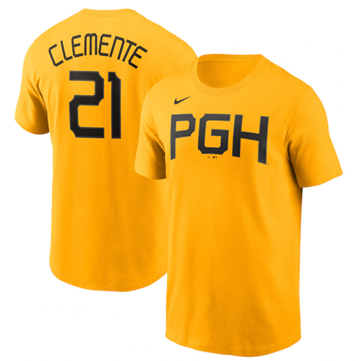 Men's Pittsburgh Pirates #21 Roberto Clemente Gold 2023 City Connect Name & Number T-Shirt Men's Pittsburgh Pirates #21 Roberto Clemente Gold 2023 City Connect Name & Number T-Shirt