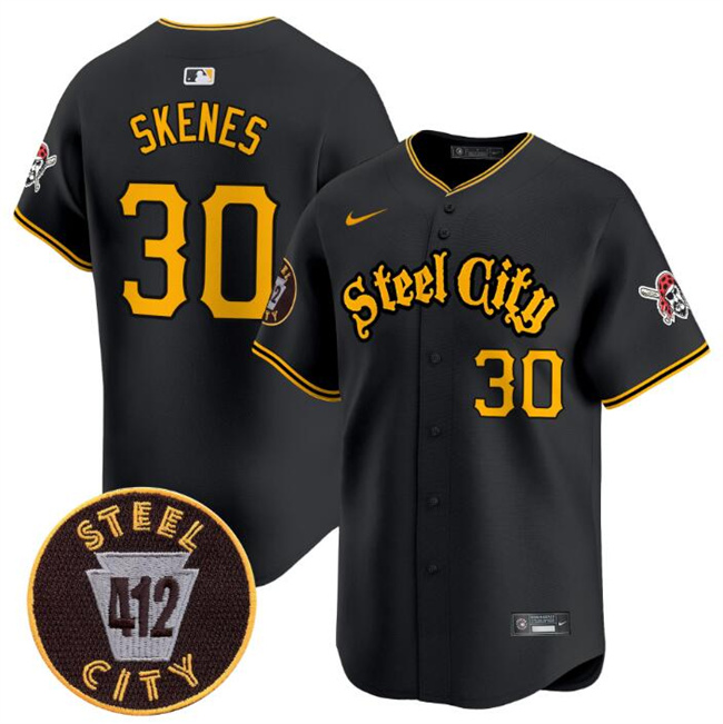 Men's Pittsburgh Pirates #30 Paul Skenes Black 412 Patch Vapor Premier Limited Stitched Baseball Jersey