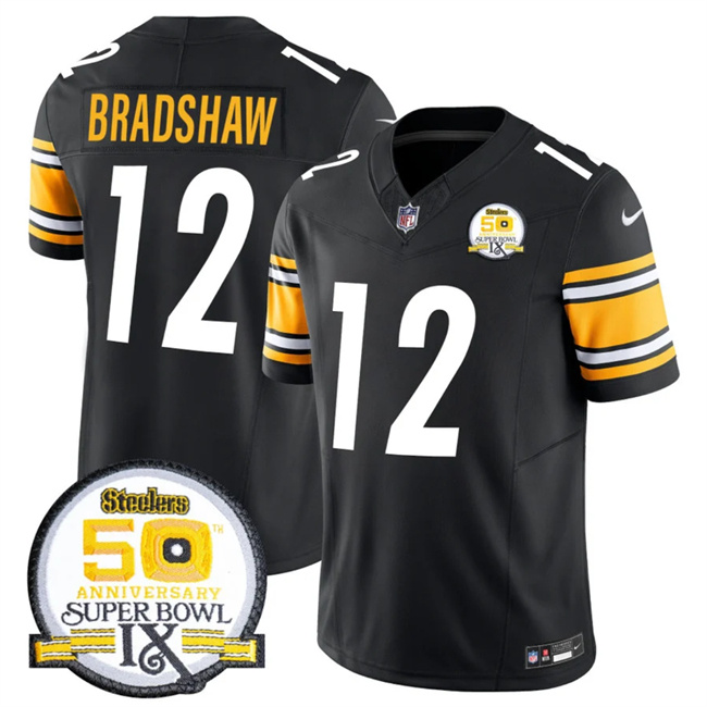 Men's Pittsburgh Steelers #12 Terry Bradshaw Black 2024 F.U.S.E. 50th Anniversary Of Super Bowl IX Alternate Vapor Untouchable Limited Stitched Jersey Men's Pittsburgh Steelers #12 Terry Bradshaw Black 2024 F.U.S.E. 50th Anniversary Of Super Bowl IX Alternate Vapor Untouchable Limited Stitched Jersey