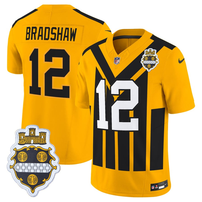 Men's Pittsburgh Steelers #12 Terry Bradshaw Gold 1933 F.U.S.E. Throwback Alternate Football Stitched Football Jersey 2
