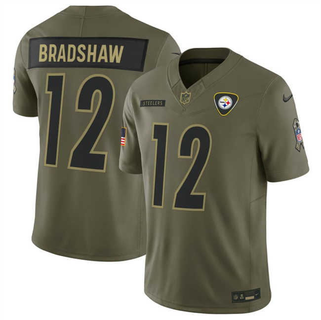 Men's Pittsburgh Steelers #12 Terry Bradshaw Olive 2025 F.U.S.E. Salute to Service Limited Stitched Football Jersey