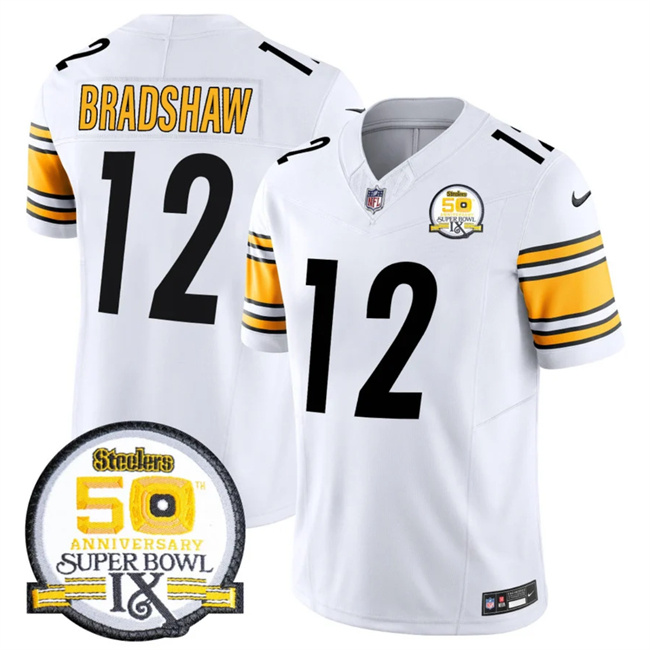 Men's Pittsburgh Steelers #12 Terry Bradshaw White 2024 F.U.S.E. 50th Anniversary Of Super Bowl IX Alternate Vapor Untouchable Limited Stitched Jersey Men's Pittsburgh Steelers #12 Terry Bradshaw White 2024 F.U.S.E. 50th Anniversary Of Super Bowl IX Alternate Vapor Untouchable Limited Stitched Jersey