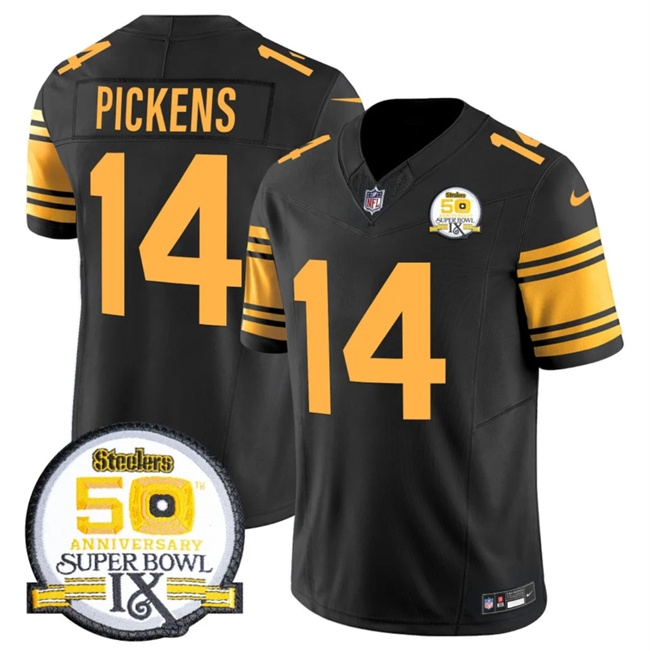 Men's Pittsburgh Steelers #14 George Pickens Black 2024 F.U.S.E. 50th Anniversary Of Super Bowl IX Color Rush Limited Stitched Jersey Men's Pittsburgh Steelers #14 George Pickens Black 2024 F.U.S.E. 50th Anniversary Of Super Bowl IX Color Rush Limited Stitched Jersey
