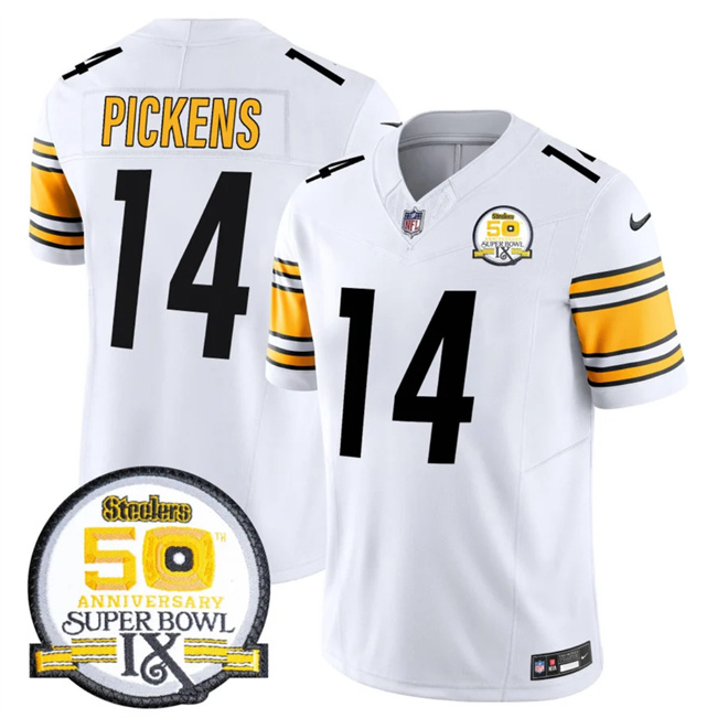 Men's Pittsburgh Steelers #14 George Pickens White 2024 F.U.S.E. 50th Anniversary Of Super Bowl IX Alternate Vapor Untouchable Limited Stitched Jersey Men's Pittsburgh Steelers #14 George Pickens White 2024 F.U.S.E. 50th Anniversary Of Super Bowl IX Alternate Vapor Untouchable Limited Stitched Jersey