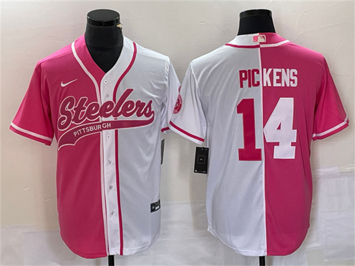 Men's Pittsburgh Steelers #14 George Pickens White Pink Split Cool Base Stitched Baseball Jersey Men's Pittsburgh Steelers #14 George Pickens White Pink Split Cool Base Stitched Baseball Jersey