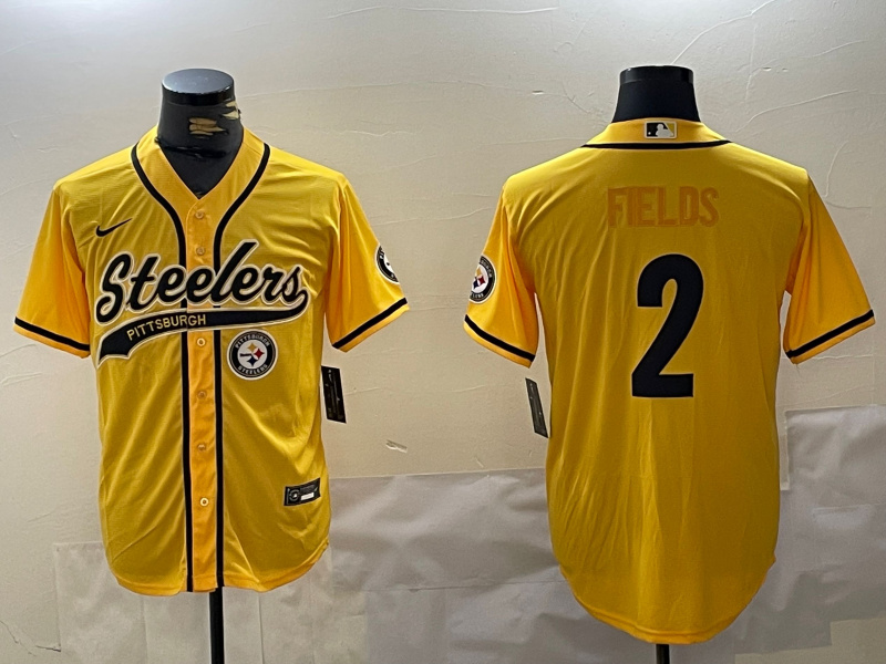 Men's Pittsburgh Steelers #2 Justin Fields Yellow With Patch Cool Base Stitched Baseball Jersey 2 Men's Pittsburgh Steelers #2 Justin Fields Yellow With Patch Cool Base Stitched Baseball Jersey 2