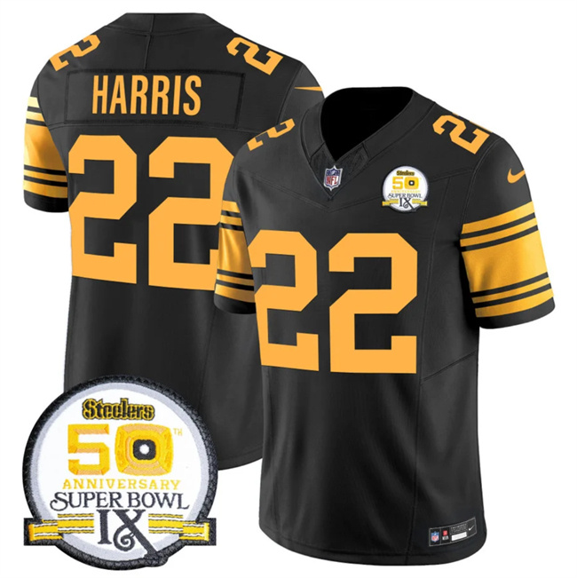 Men's Pittsburgh Steelers #22 Najee Harris Black 2024 F.U.S.E. 50th Anniversary Of Super Bowl IX Color Rush Limited Stitched Jersey Men's Pittsburgh Steelers #22 Najee Harris Black 2024 F.U.S.E. 50th Anniversary Of Super Bowl IX Color Rush Limited Stitched Jersey