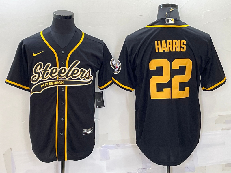 Men's Pittsburgh Steelers #22 Najee Harris Black Gold With Patch Cool Base Stitched Baseball Jersey Men's Pittsburgh Steelers #22 Najee Harris Black Gold With Patch Cool Base Stitched Baseball Jersey