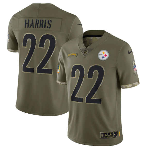 Men's Pittsburgh Steelers #22 Najee Harris Olive 2022 Salute To Service Limited Stitched Jersey Men's Pittsburgh Steelers #22 Najee Harris Olive 2022 Salute To Service Limited Stitched Jersey