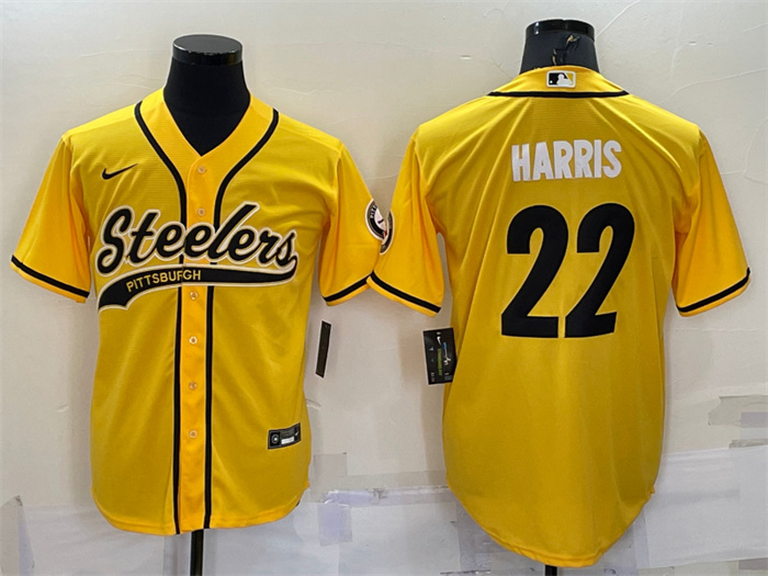Men's Pittsburgh Steelers #22 Najee Harris Yellow With Patch Cool Base Stitched Baseball Jersey Men's Pittsburgh Steelers #22 Najee Harris Yellow With Patch Cool Base Stitched Baseball Jersey