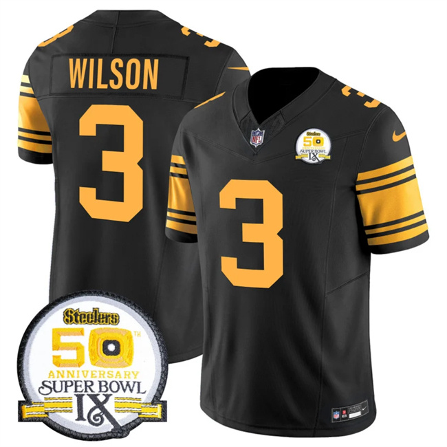 Men's Pittsburgh Steelers #3 Russell Wilson Black 2024 F.U.S.E. 50th Anniversary Of Super Bowl IX Color Rush Limited Stitched Jersey Men's Pittsburgh Steelers #3 Russell Wilson Black 2024 F.U.S.E. 50th Anniversary Of Super Bowl IX Color Rush Limited Stitched Jersey