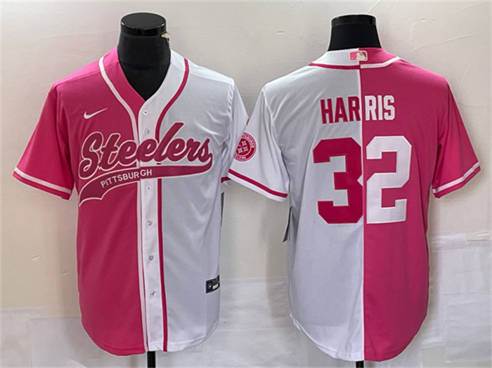 Men's Pittsburgh Steelers #32 Franco Harris White Pink Split Cool Base Stitched Baseball Jersey Men's Pittsburgh Steelers #32 Franco Harris White Pink Split Cool Base Stitched Baseball Jersey