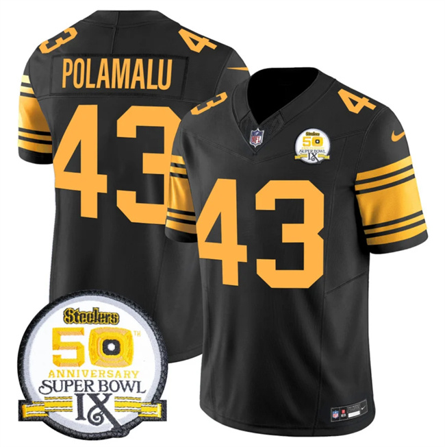 Men's Pittsburgh Steelers #43 Troy Polamalu Black 2024 F.U.S.E. 50th Anniversary Of Super Bowl IX Color Rush Limited Stitched Jersey Men's Pittsburgh Steelers #43 Troy Polamalu Black 2024 F.U.S.E. 50th Anniversary Of Super Bowl IX Color Rush Limited Stitched Jersey