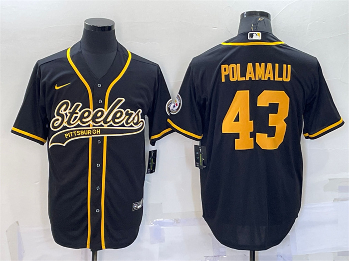 Men's Pittsburgh Steelers #43 Troy Polamalu Black Gold With Patch Cool Base Stitched Baseball Jersey Men's Pittsburgh Steelers #43 Troy Polamalu Black Gold With Patch Cool Base Stitched Baseball Jersey