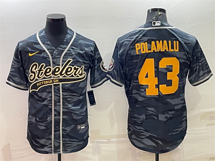 Men's Pittsburgh Steelers #43 Troy Polamalu Grey Navy Camo With Patch Cool Base Stitched Baseball Jersey Men's Pittsburgh Steelers #43 Troy Polamalu Grey Navy Camo With Patch Cool Base Stitched Baseball Jersey