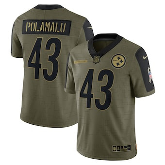 Men's Pittsburgh Steelers #43 Troy Polamalu Nike Olive 2021 Salute To Service Retired Player Limited Jersey Men's Pittsburgh Steelers #43 Troy Polamalu Nike Olive 2021 Salute To Service Retired Player Limited Jersey