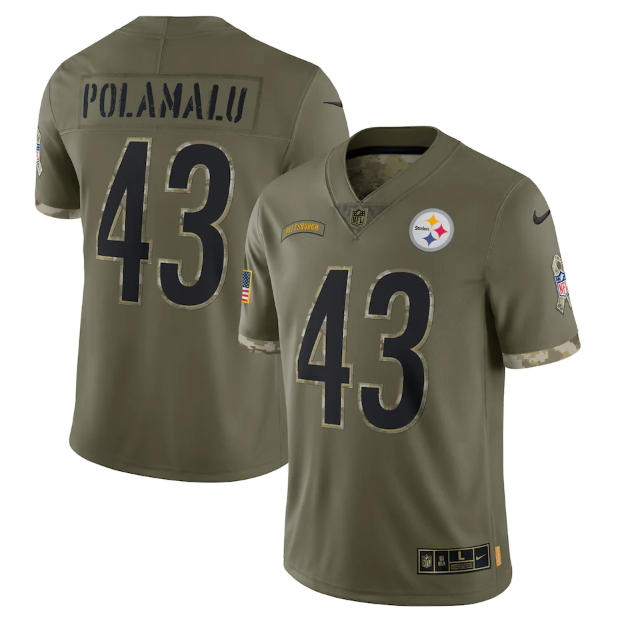 Men's Pittsburgh Steelers #43 Troy Polamalu Olive 2022 Salute To Service Limited Stitched Jersey Men's Pittsburgh Steelers #43 Troy Polamalu Olive 2022 Salute To Service Limited Stitched Jersey