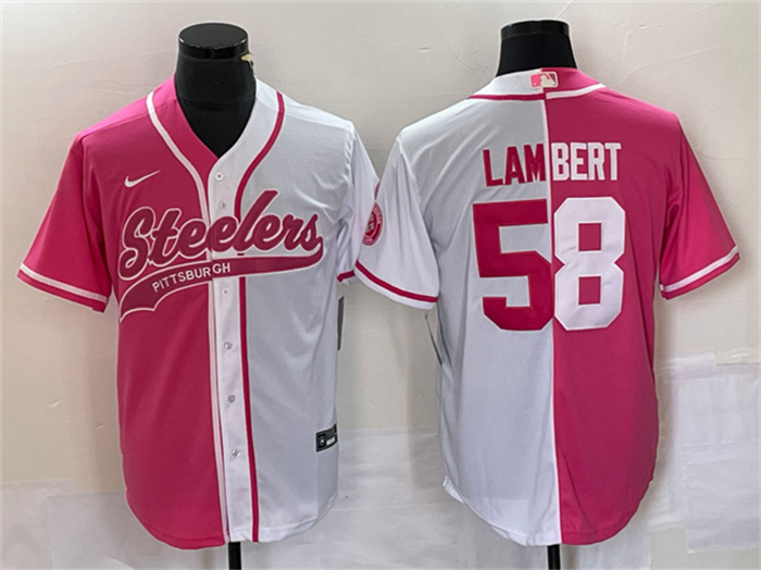 Men's Pittsburgh Steelers #58 Jack Lambert White Pink Split Cool Base Stitched Baseball Jersey Men's Pittsburgh Steelers #58 Jack Lambert White Pink Split Cool Base Stitched Baseball Jersey