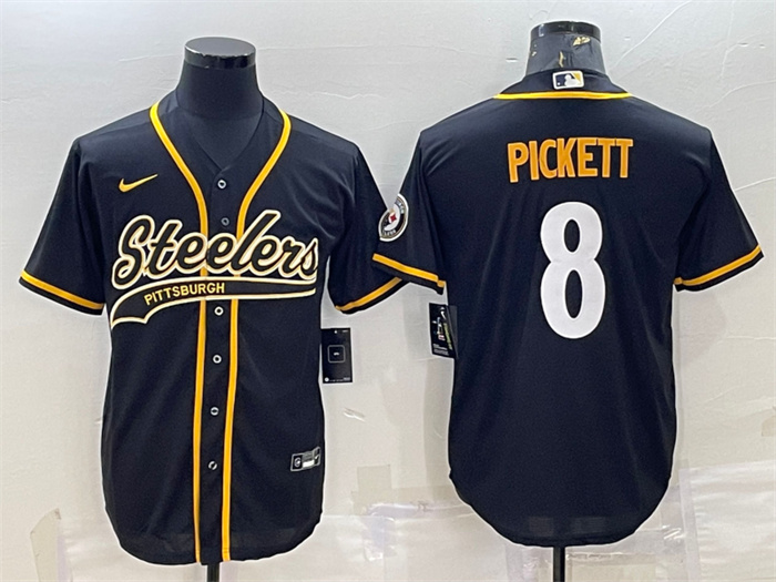 Men's Pittsburgh Steelers #8 Kenny Pickett Black With Patch Cool Base Stitched Baseball Jersey Men's Pittsburgh Steelers #8 Kenny Pickett Black With Patch Cool Base Stitched Baseball Jersey