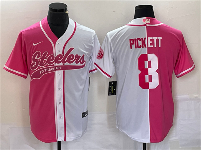 Men's Pittsburgh Steelers #8 Kenny Pickett White Pink Split Cool Base Stitched Baseball Jersey Men's Pittsburgh Steelers #8 Kenny Pickett White Pink Split Cool Base Stitched Baseball Jersey