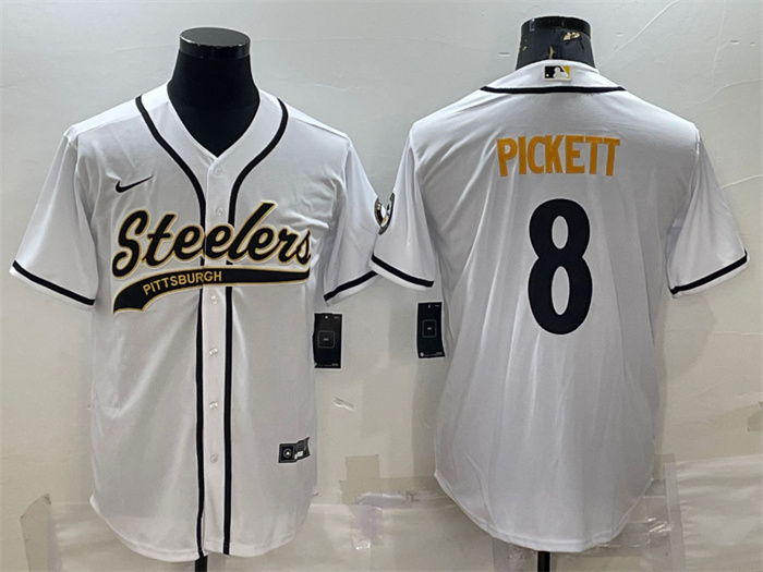 Men's Pittsburgh Steelers #8 Kenny Pickett White With Patch Cool Base Stitched Baseball Jersey Men's Pittsburgh Steelers #8 Kenny Pickett White With Patch Cool Base Stitched Baseball Jersey