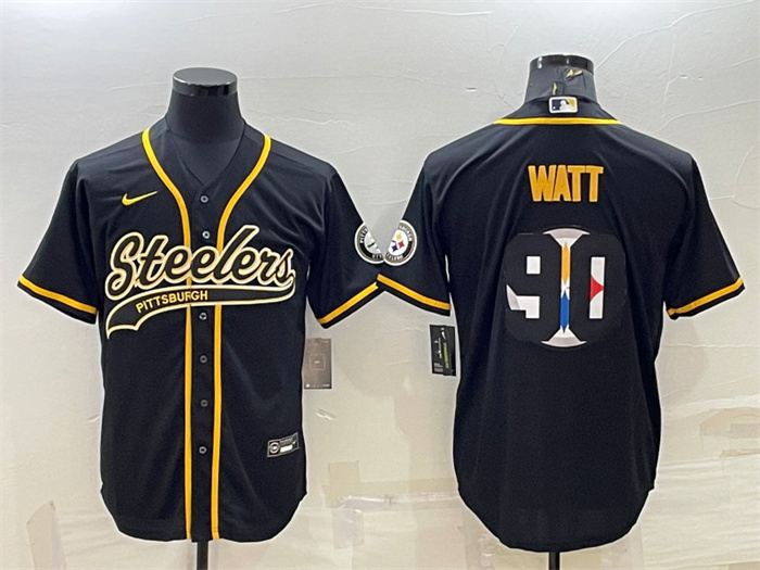 Men's Pittsburgh Steelers #90 T. J. Watt Black Team Big Logo With Patch Cool Base Stitched Baseball Jersey Men's Pittsburgh Steelers #90 T. J. Watt Black Team Big Logo With Patch Cool Base Stitched Baseball Jersey