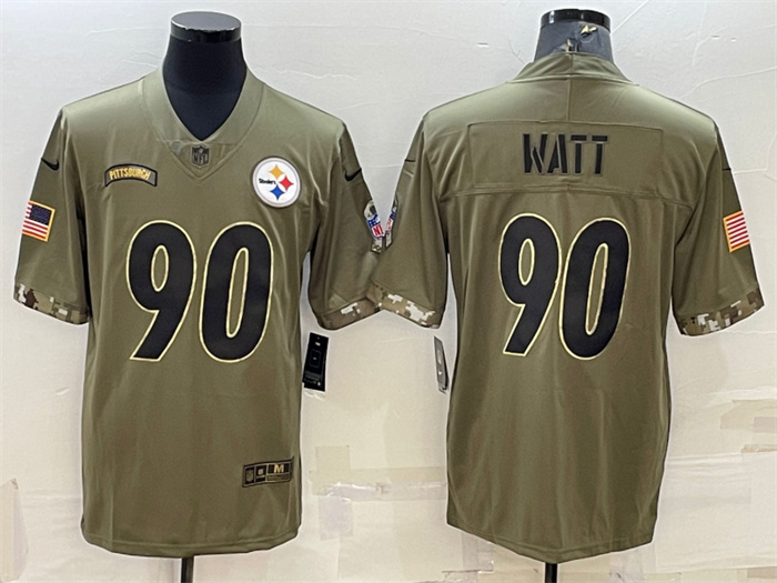 Men's Pittsburgh Steelers #90 T. J. Watt Olive 2022 Salute To Service Limited Stitched Jersey