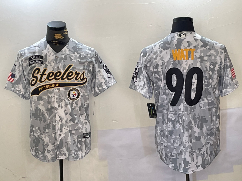 Men's Pittsburgh Steelers #90 T.J. Watt 2024 Arctic Camo Salute To Service Stitched Baseball Jersey 1