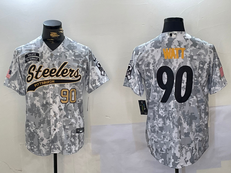 Men's Pittsburgh Steelers #90 T.J. Watt 2024 Arctic Camo Salute To Service Stitched Baseball Jersey 2