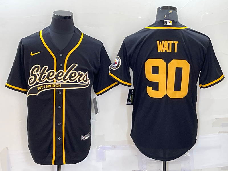 Men's Pittsburgh Steelers #90 T.J. Watt Black Gold With Patch Cool Base Stitched Baseball Jersey Men's Pittsburgh Steelers #90 T.J. Watt Black Gold With Patch Cool Base Stitched Baseball Jersey