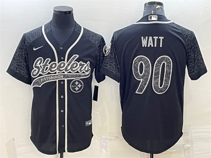 Men's Pittsburgh Steelers #90 T.J. Watt Black Reflective With Patch Cool Base Stitched Baseball Jersey Men's Pittsburgh Steelers #90 T.J. Watt Black Reflective With Patch Cool Base Stitched Baseball Jersey