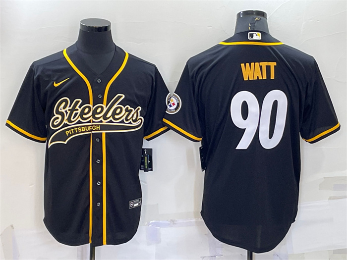 Men's Pittsburgh Steelers #90 T.J. Watt Black With Patch Cool Base Stitched Baseball Jersey Men's Pittsburgh Steelers #90 T.J. Watt Black With Patch Cool Base Stitched Baseball Jersey