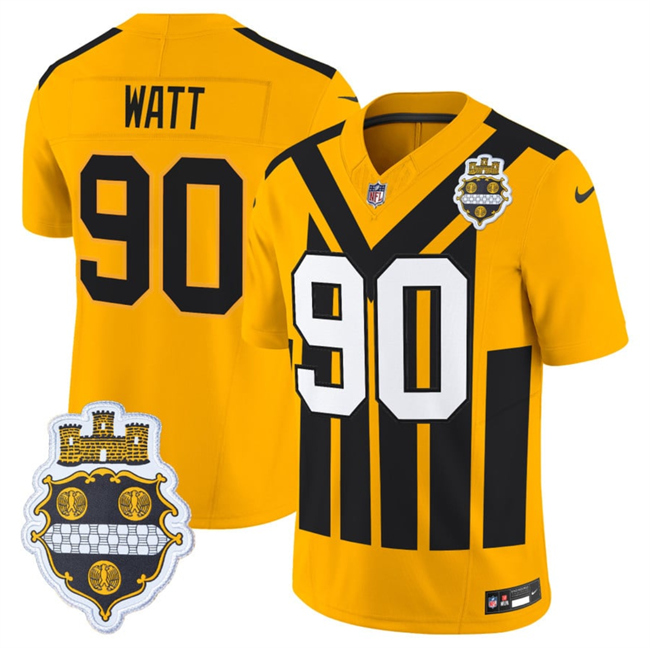 Men's Pittsburgh Steelers #90 T.J. Watt Gold 1933 F.U.S.E. Throwback Alternate Football Stitched Football Jersey Men's Pittsburgh Steelers #90 T.J. Watt Gold 1933 F.U.S.E. Throwback Alternate Football Stitched Football Jersey