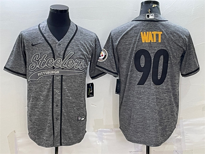 Men's Pittsburgh Steelers #90 T.J. Watt Grey With Patch Cool Base Stitched Baseball Jersey Men's Pittsburgh Steelers #90 T.J. Watt Grey With Patch Cool Base Stitched Baseball Jersey