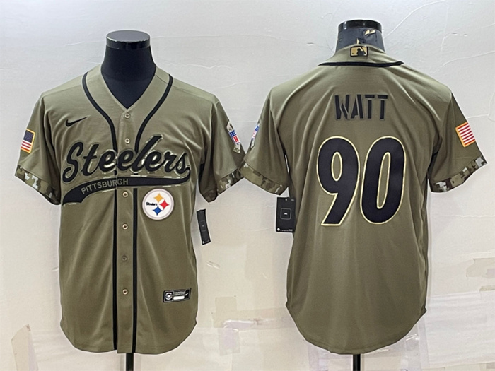 Men's Pittsburgh Steelers #90 T.J. Watt Olive 2022 Salute To Service Cool Base Stitched Baseball Jersey Men's Pittsburgh Steelers #90 T.J. Watt Olive 2022 Salute To Service Cool Base Stitched Baseball Jersey