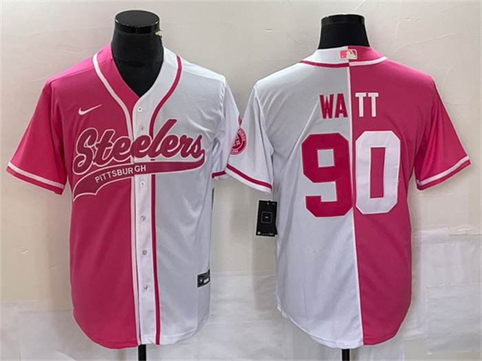 Men's Pittsburgh Steelers #90 T.J. Watt White Pink Split Cool Base Stitched Baseball Jersey Men's Pittsburgh Steelers #90 T.J. Watt White Pink Split Cool Base Stitched Baseball Jersey