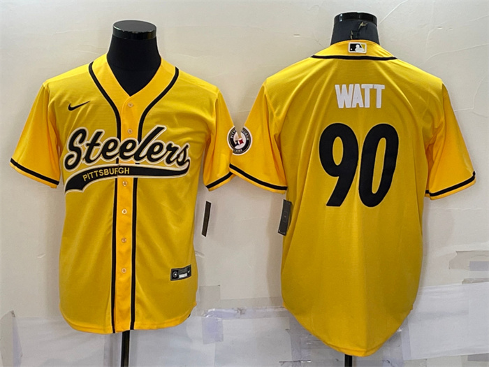 Men's Pittsburgh Steelers #90 T.J. Watt Yellow With Patch Cool Base Stitched Baseball Jersey Men's Pittsburgh Steelers #90 T.J. Watt Yellow With Patch Cool Base Stitched Baseball Jersey