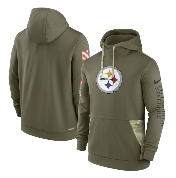 Men's Pittsburgh Steelers 2022 Olive Salute To Service Therma Performance Pullover Hoodie