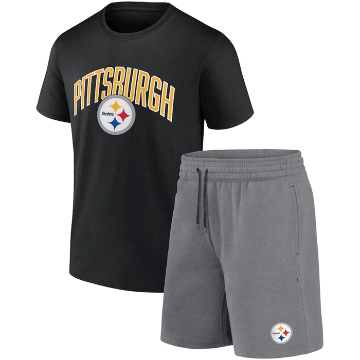 Men's Pittsburgh Steelers Black Heather Gray Arch T-Shirt & Shorts Combo Set Men's Pittsburgh Steelers Black Heather Gray Arch T-Shirt & Shorts Combo Set