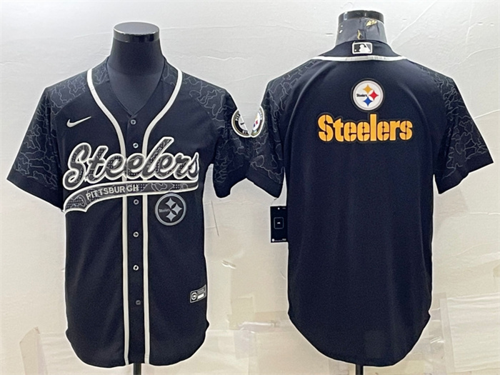 Men's Pittsburgh Steelers Black Reflective Team Big Logo With Patch Cool Base Stitched Baseball Jersey Men's Pittsburgh Steelers Black Reflective Team Big Logo With Patch Cool Base Stitched Baseball Jersey