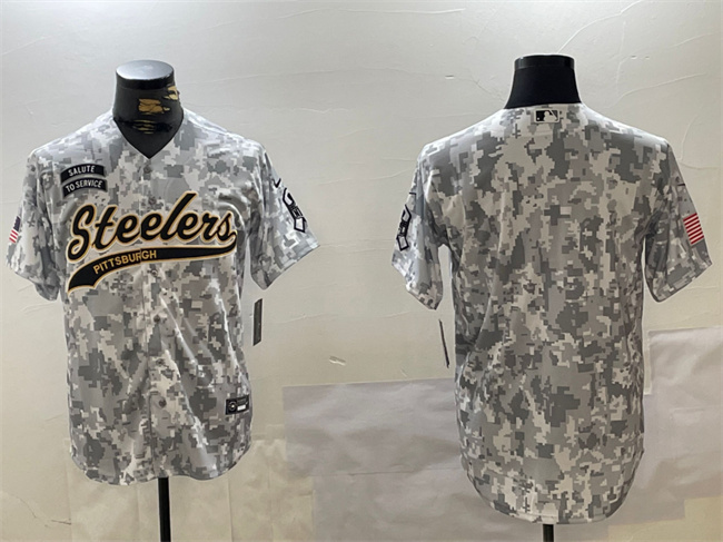 Men's Pittsburgh Steelers Blank 2024 Arctic Camo Salute To Service Stitched Baseball Jersey Men's Pittsburgh Steelers Blank 2024 Arctic Camo Salute To Service Stitched Baseball Jersey