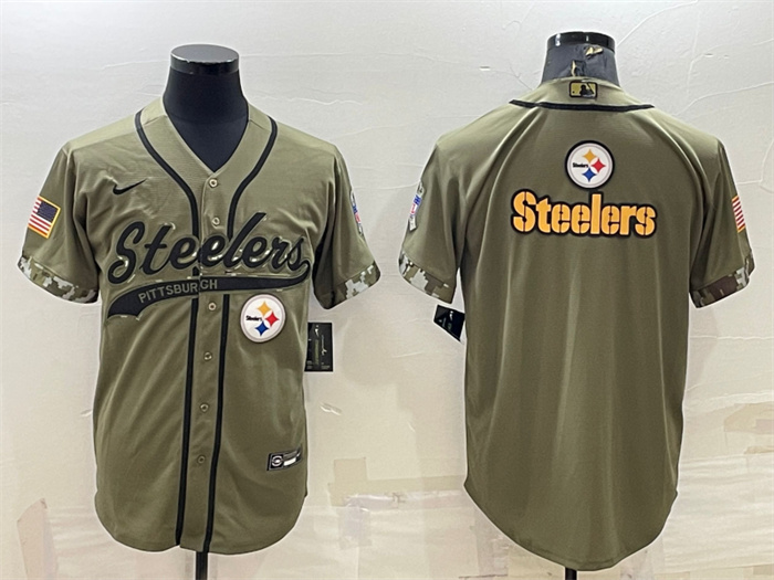 Men's Pittsburgh Steelers Blank Olive Salute To Service Team Big Logo Cool Base Stitched Baseball Jersey Men's Pittsburgh Steelers Blank Olive Salute To Service Team Big Logo Cool Base Stitched Baseball Jersey