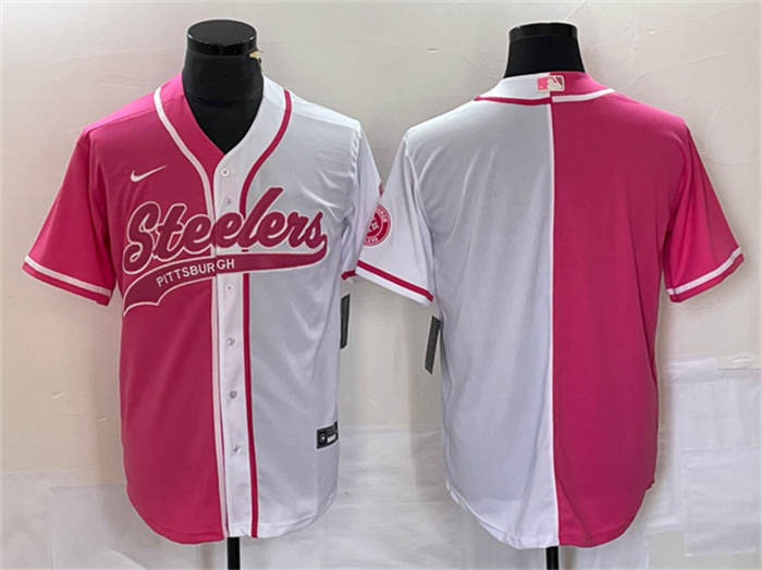 Men's Pittsburgh Steelers Blank White Pink Split Cool Base Stitched Baseball Jersey Men's Pittsburgh Steelers Blank White Pink Split Cool Base Stitched Baseball Jersey