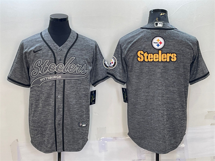 Men's Pittsburgh Steelers Grey Team Big Logo With Patch Cool Base Stitched Baseball Jersey Men's Pittsburgh Steelers Grey Team Big Logo With Patch Cool Base Stitched Baseball Jersey