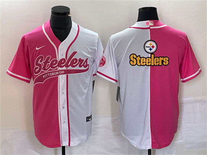 Men's Pittsburgh Steelers White Pink Split Team Big Logo Cool Base Stitched Baseball Jersey Men's Pittsburgh Steelers White Pink Split Team Big Logo Cool Base Stitched Baseball Jersey