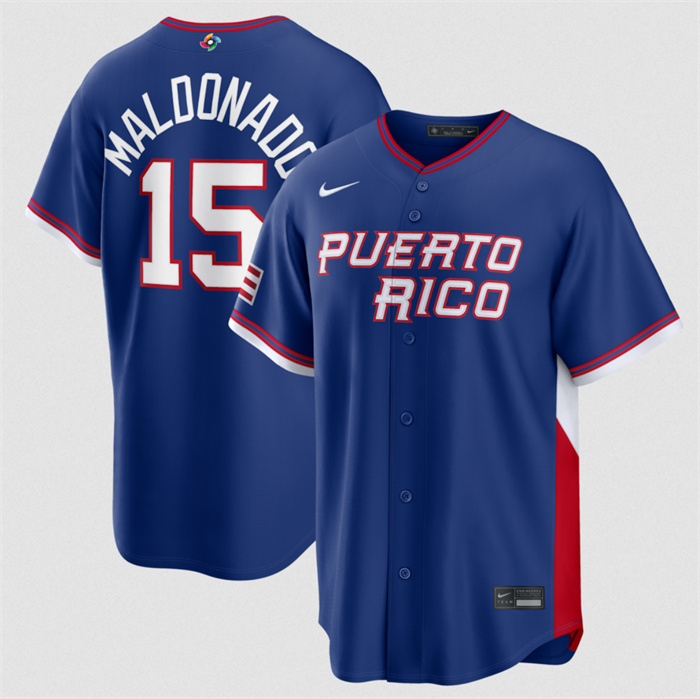 Men's Puerto Rico Baseball #15 Martín Maldonado Blue 2026 World Baseball Classic Road Stadium Stitched Jersey Men's Puerto Rico Baseball #15 Martín Maldonado Blue 2026 World Baseball Classic Road Stadium Stitched Jersey